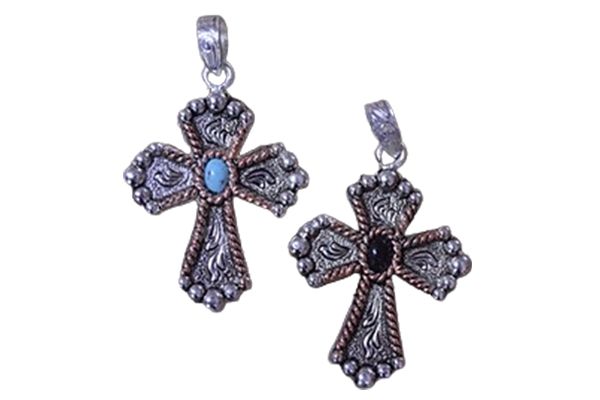 A pair of cross pendants with a turquoise and black stone