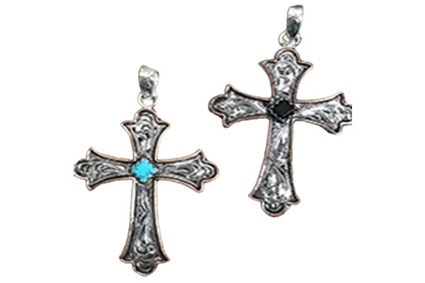 Two cross pendants with a turquoise and a black stone on a white background.