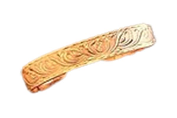 A close up of a gold ring on a white background