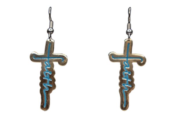 A pair of cross shaped earrings with the word faith written on them