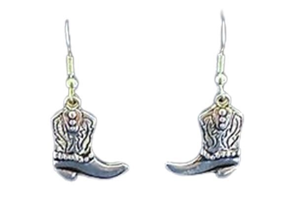A pair of cowboy boots shaped earrings on a white background.