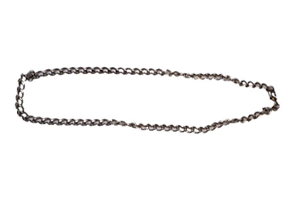 A close up of a chain necklace on a white background.