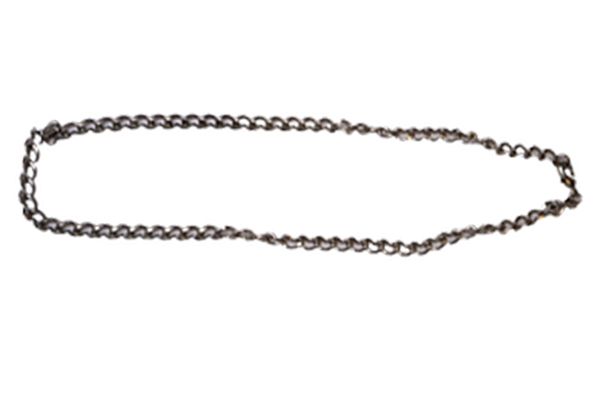 A close up of a necklace on a white background.