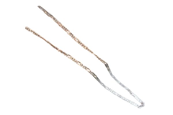 A close up of a silver chain on a white background