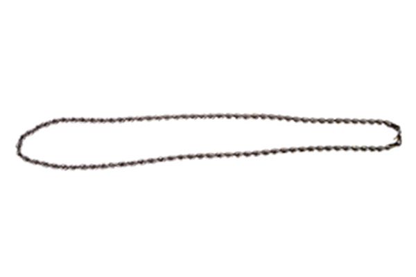 A long black chain necklace on a white background.