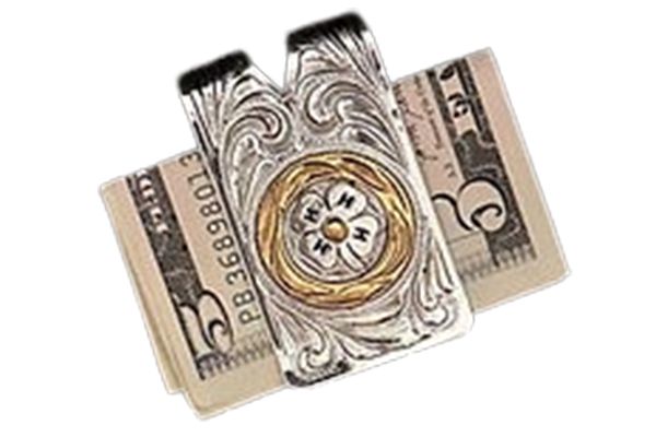 A money clip is holding a dollar bill on a white background.