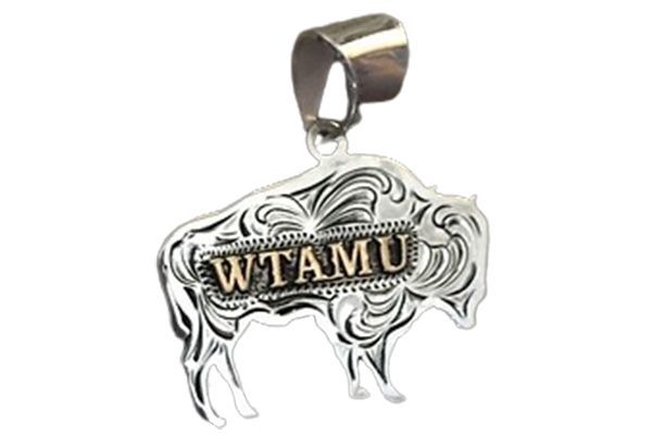 A silver pendant with a bison and the word wtamu on it.