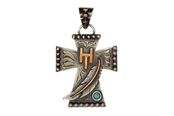 A cross with a feather and the letter h on it