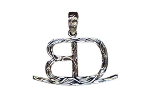 A silver pendant with the letter b on it