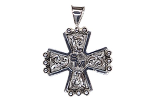 A silver cross pendant on a white background.