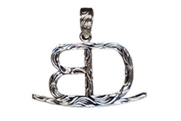 A silver pendant with the letter b on it