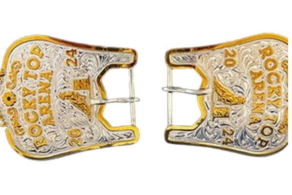 A pair of rocky top arena 24 belt buckles
