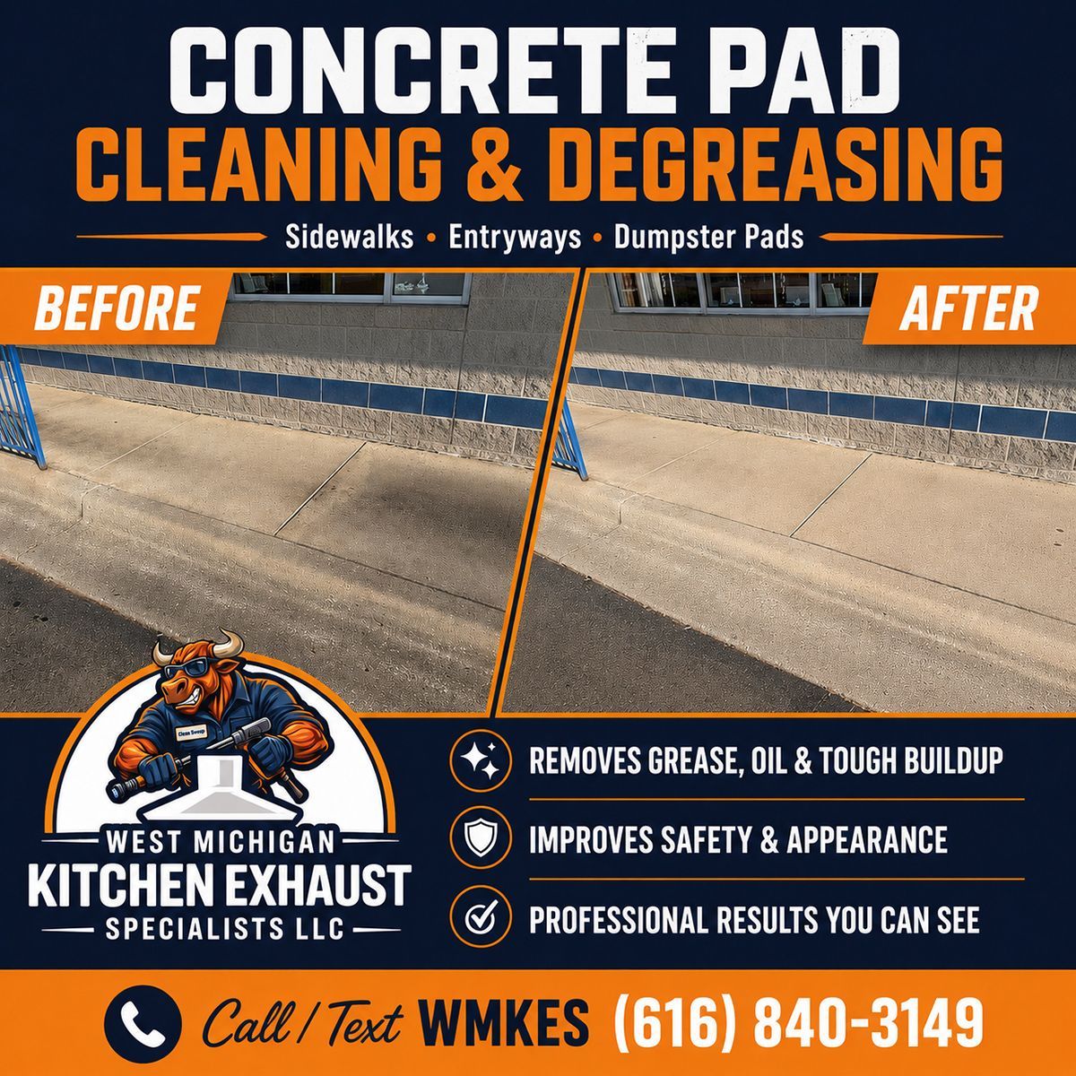 Concrete pad cleaning ad with before-and-after sidewalk photos and contact information.