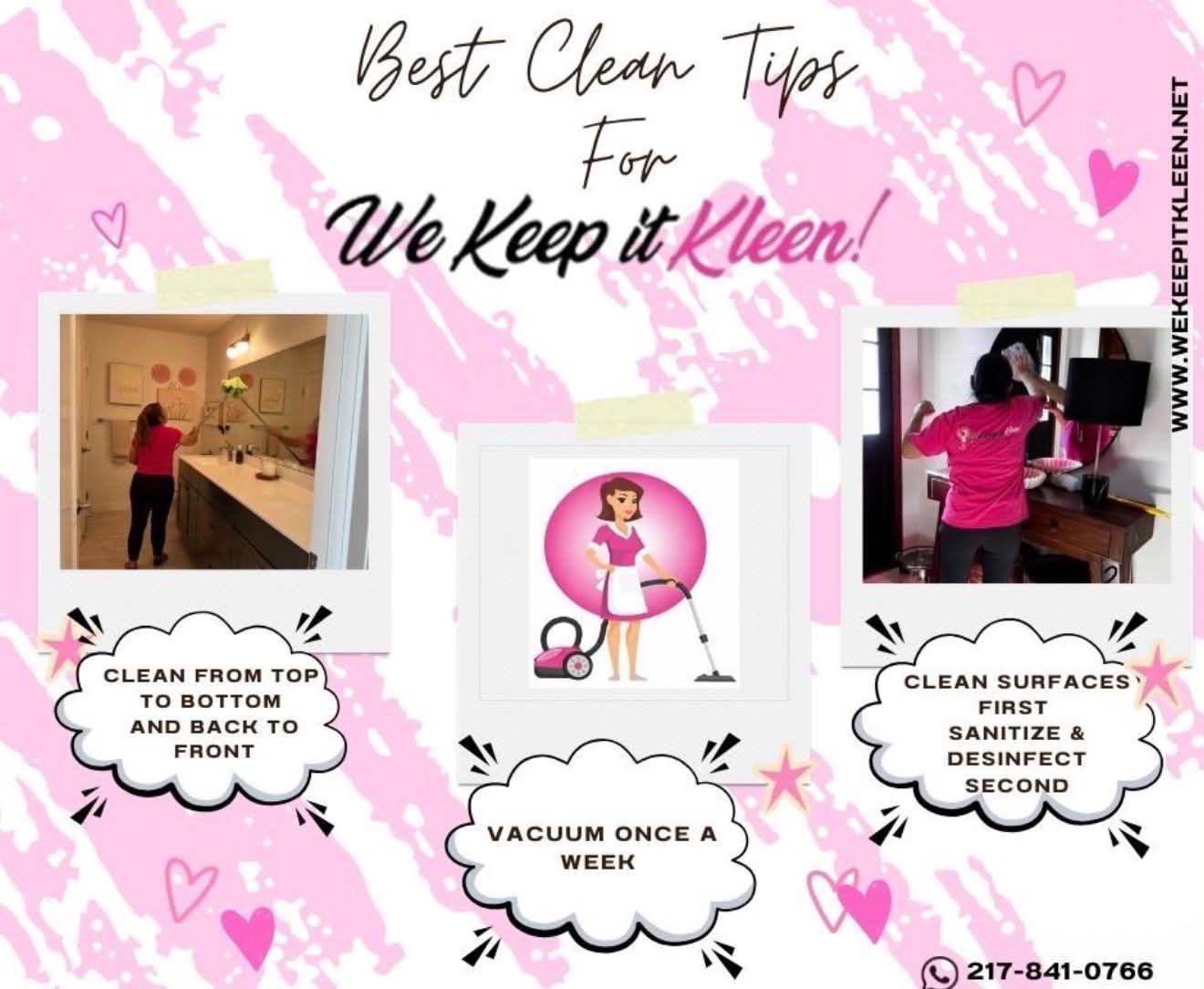 Pink cleaning tip flyer with photos and a cartoon cleaner, titled “We Keep it Kleen!”