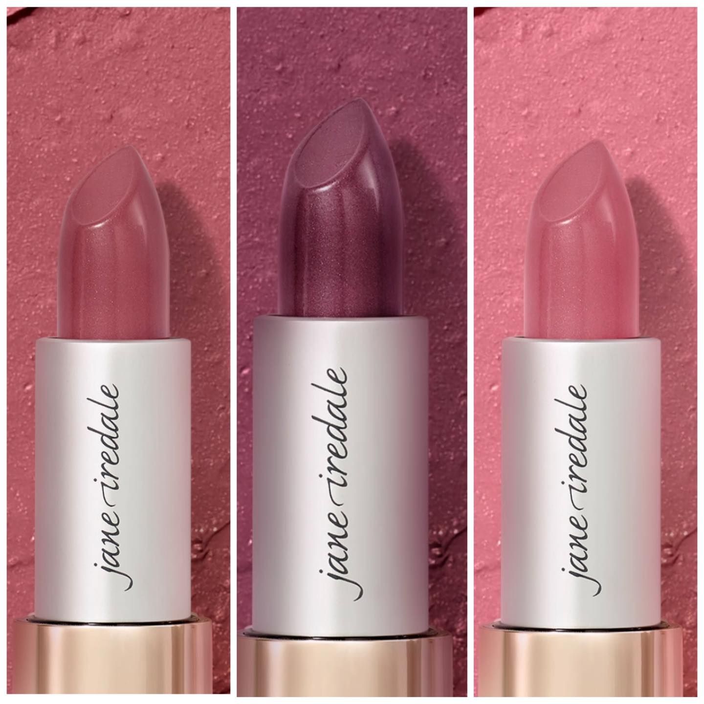 Three Jane Iredale lipsticks, shades ranging from light pink to deep plum, on a textured background.