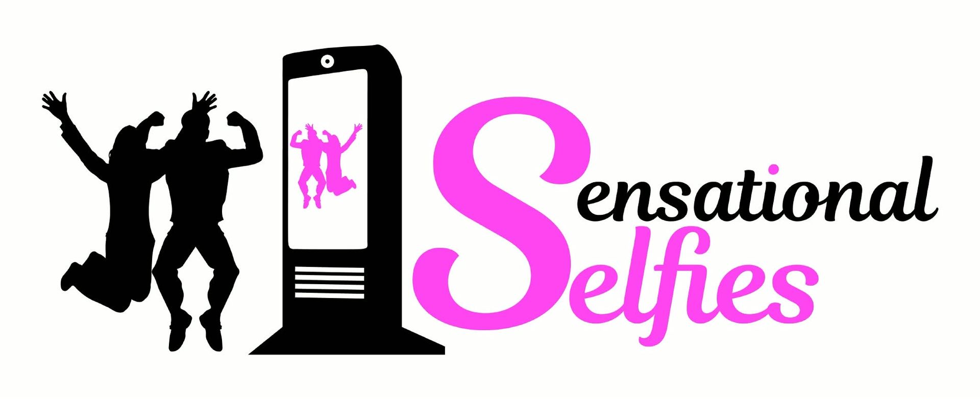 Logo with two jumping silhouettes next to a selfie station icon and the pink text 