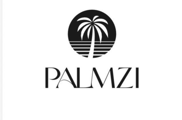 A black-and-white logo featuring a stylized palm tree above horizontal lines inside a circle, with the text 