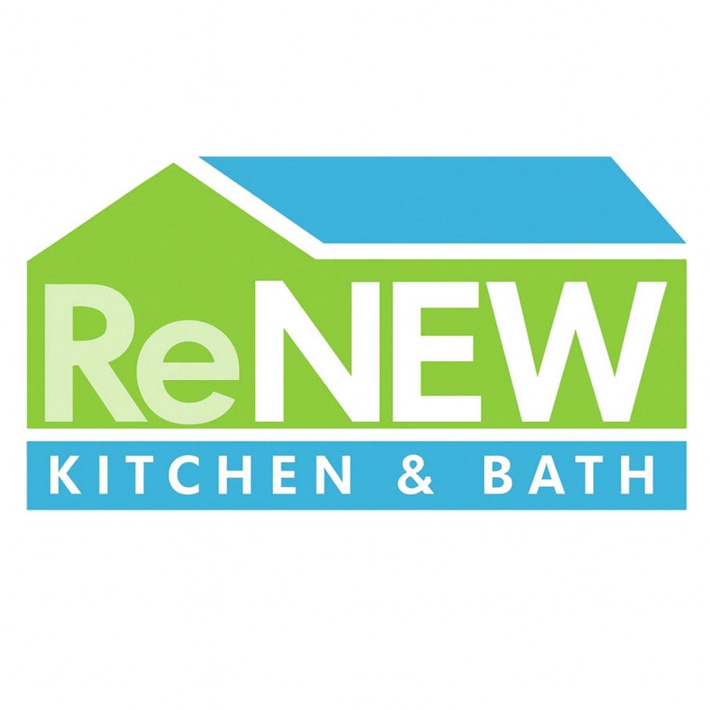 Logo for ReNEW Kitchen & Bath: white text in a green house outline with a blue roof, over a blue rectangle.