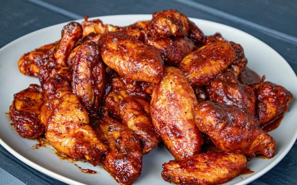 A white plate topped with chicken wings in a barbecue sauce.