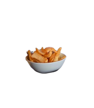 A white bowl filled with french fries on a white background.