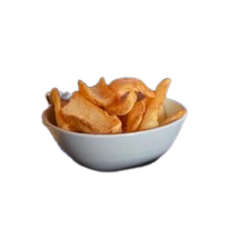 A white bowl filled with french fries on a white background.