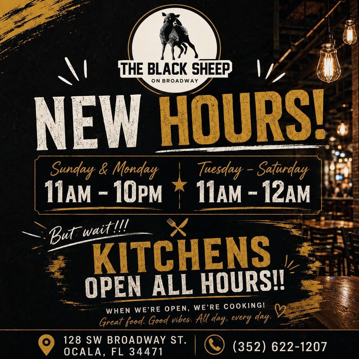 The Black Sheep bar sign: new hours, with kitchens open all hours, on a black-and-gold background.