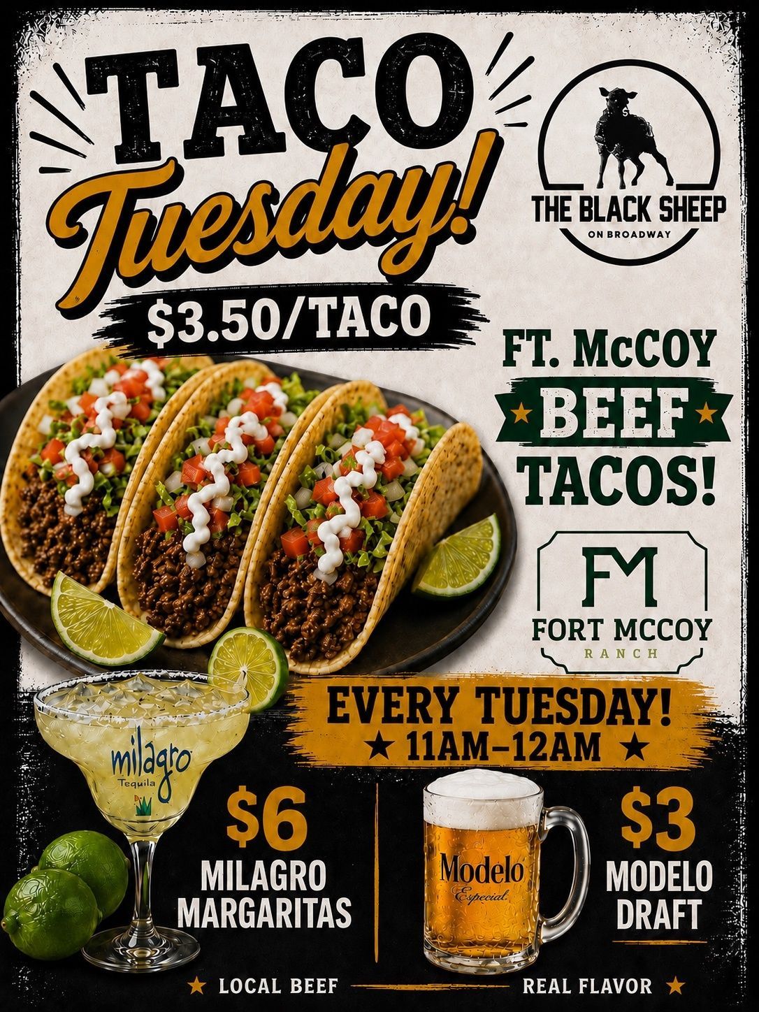 Taco Tuesday promo with beef tacos, $3.50 tacos, $6 margaritas, and $3 draft at The Black Sheep