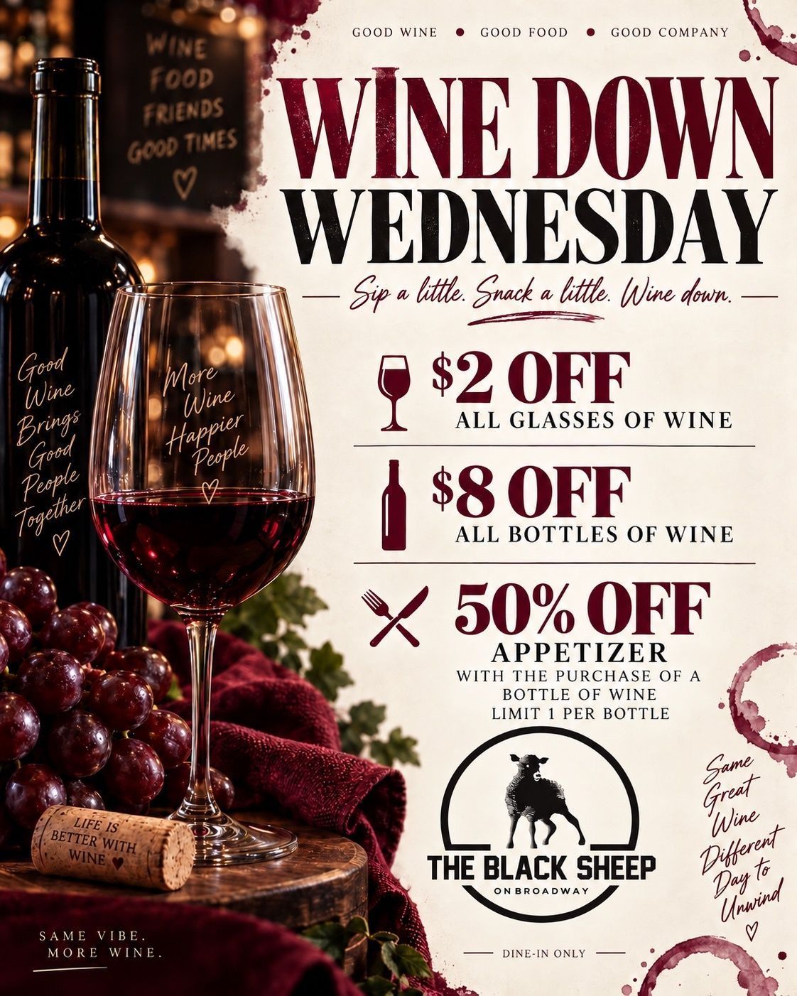 Wine Down Wednesday promo poster with wine glasses and grapes, advertising drink and appetizer discounts at The Black Sheep