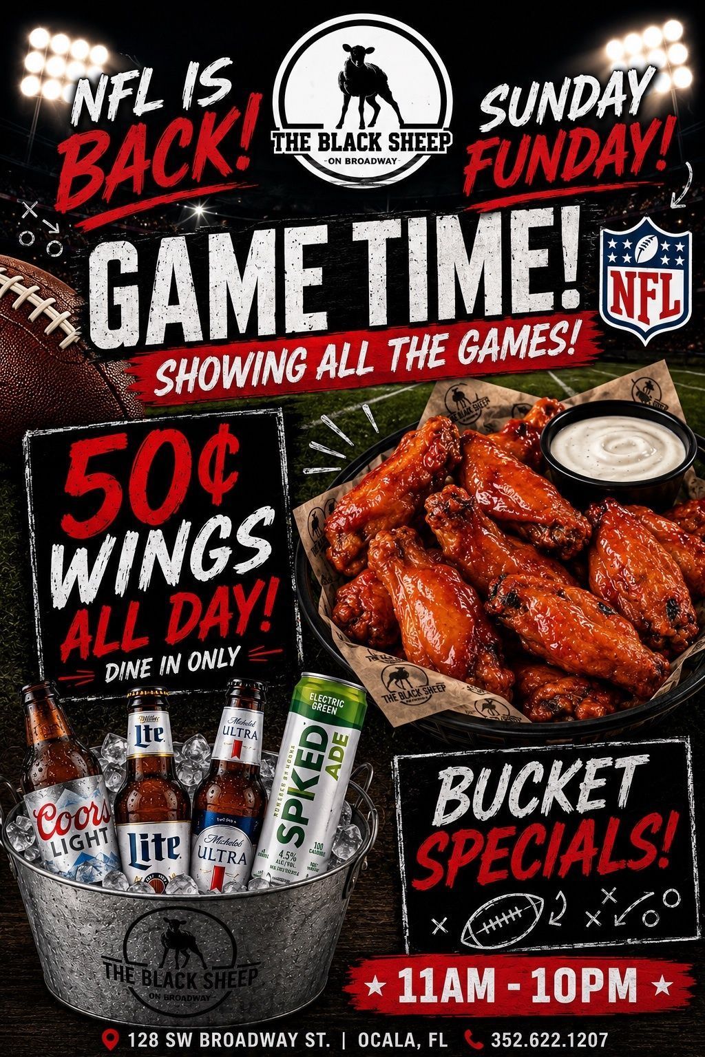 Sports bar promo for NFL Sunday with game time, 50¢ wings, bucket specials, and 11am–10pm hours