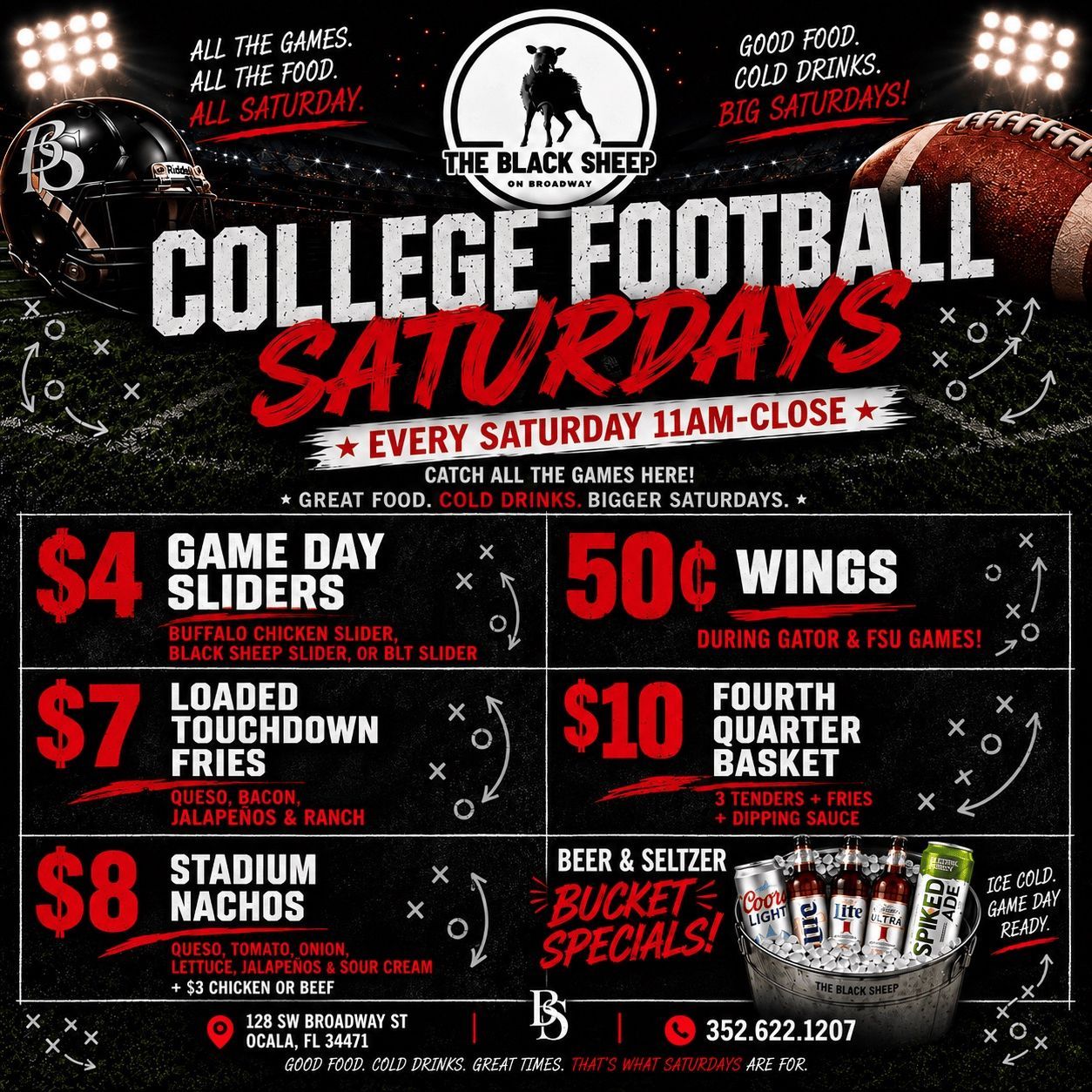 Black Shiba College Football Saturdays promo with food and drink specials in bold red, white, and black text