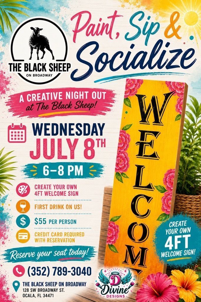 Paint Sip & Socialize event flyer with welcome sign, Wednesday July 8, 6–8 PM, at The Black Sheep Coffee Bistro.