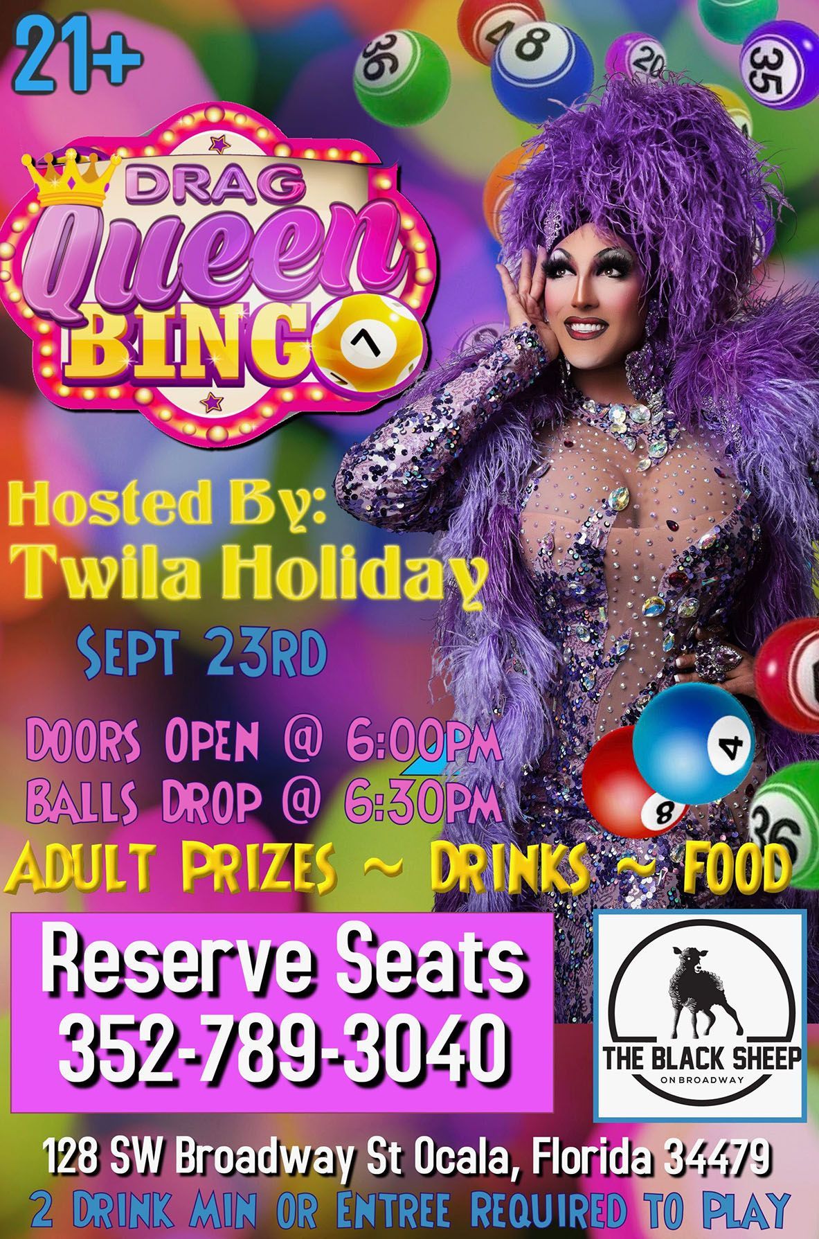 Drag queen bingo event poster with Twila Holiday, purple theme, Sept. 23, food, drinks, and reserve seats info