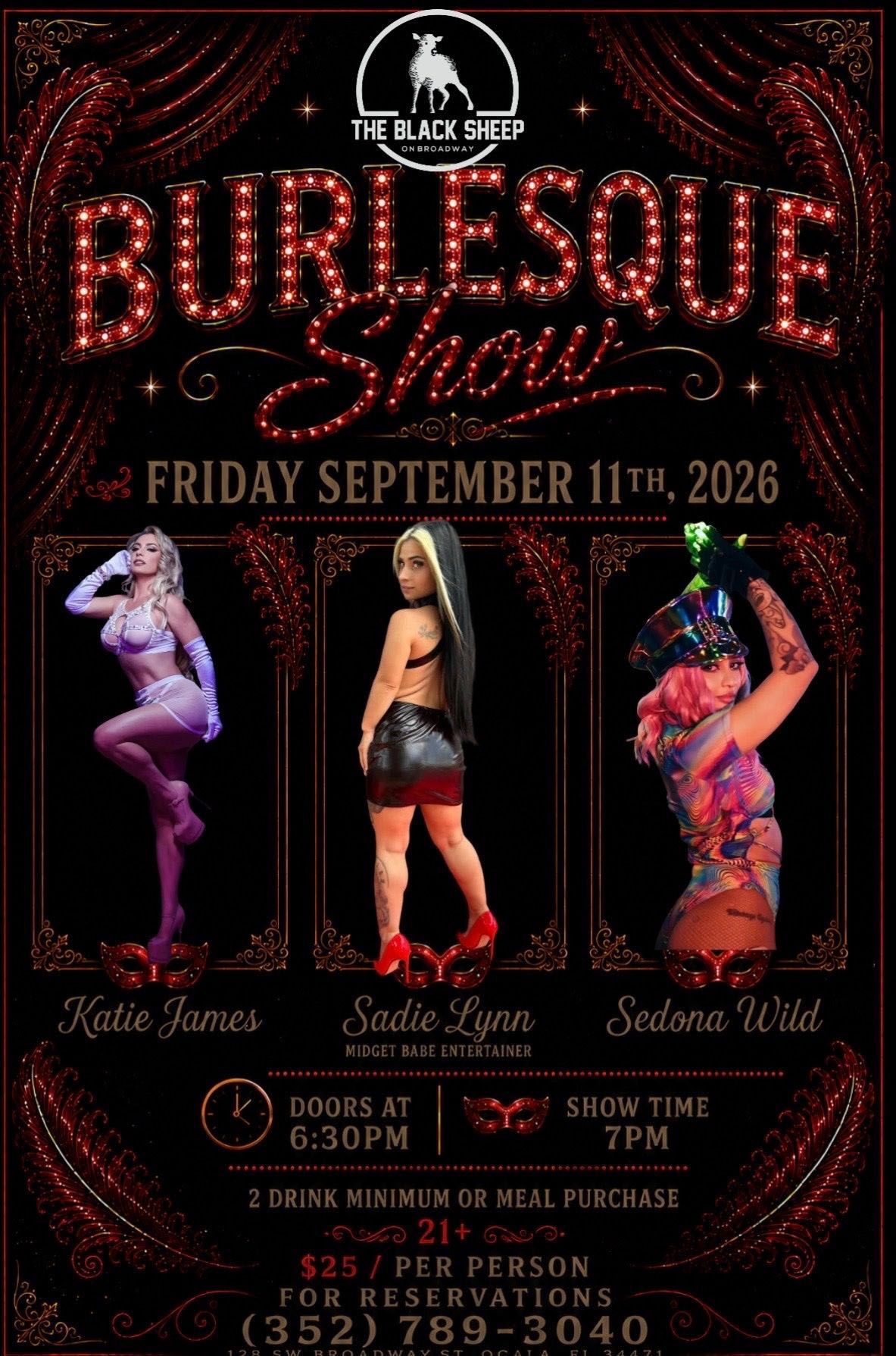 Burlesque show poster with three performers on a black-and-red stage background, Friday September 11, 2026.