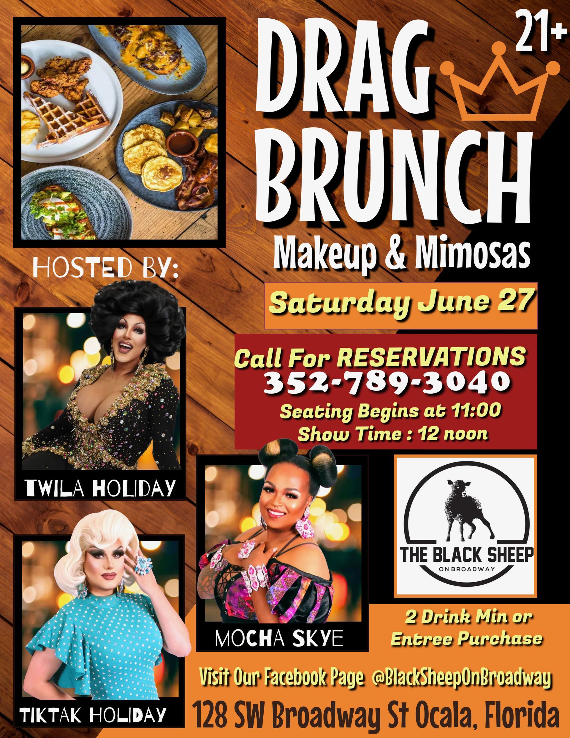 Flyer for “Drag Brunch” with makeup and mimosas, Saturday June 27, 21+, at The Black Egg.