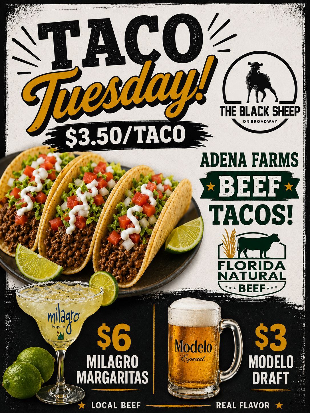 Taco Tuesday promo with tacos, beer, and margaritas; specials from The Black Sheep and local farms.