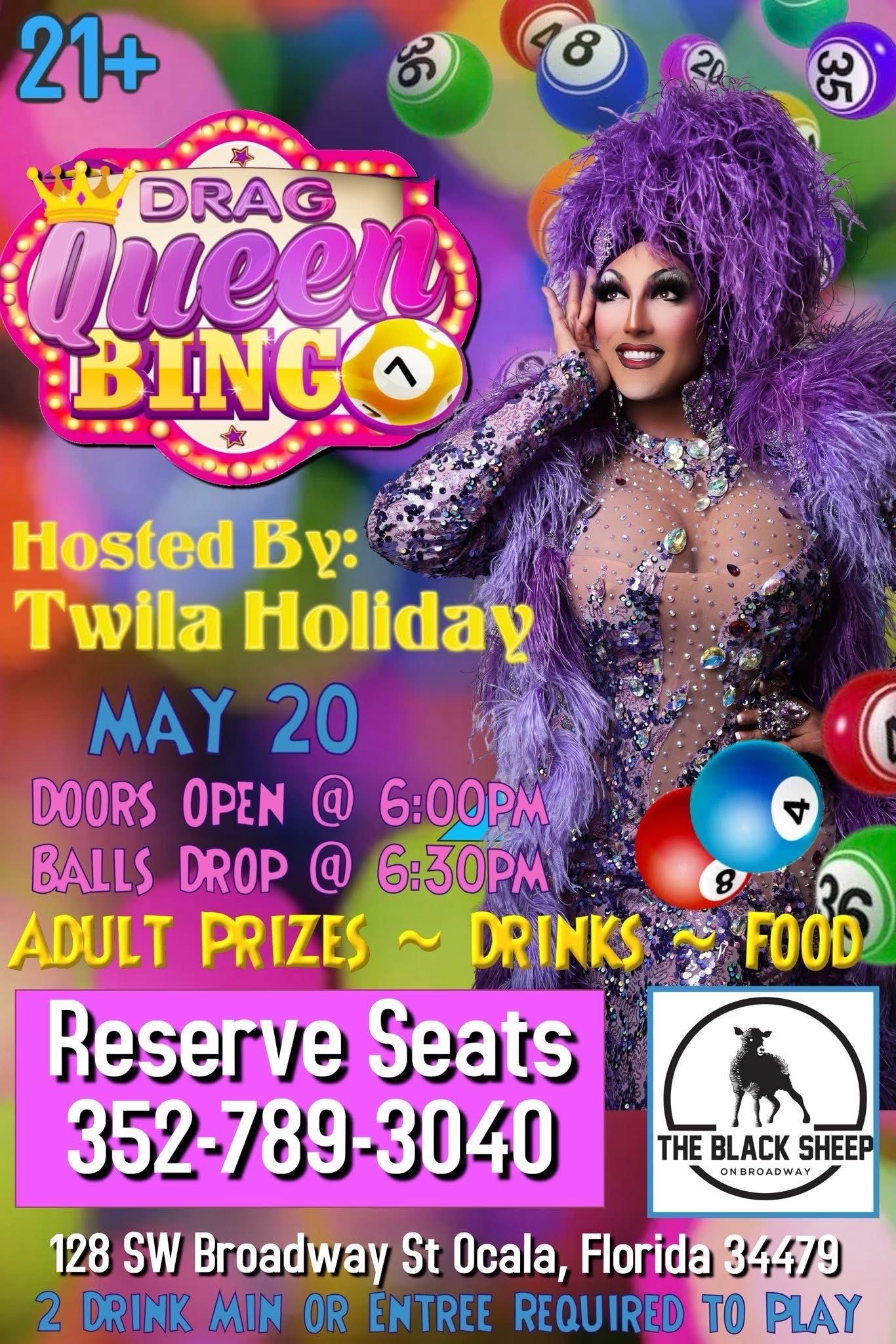 Dream Queen Bingo event poster with colorful queen, May 20, prizes, drinks, food, and reserve seats info