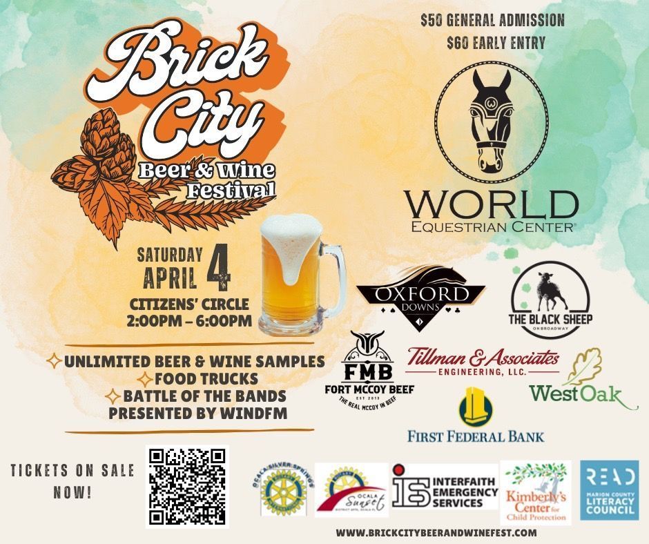 Event flyer for the Brick City Beer & Wine Festival on April 4th at Citizens' Circle, featuring tickets and sponsors.
