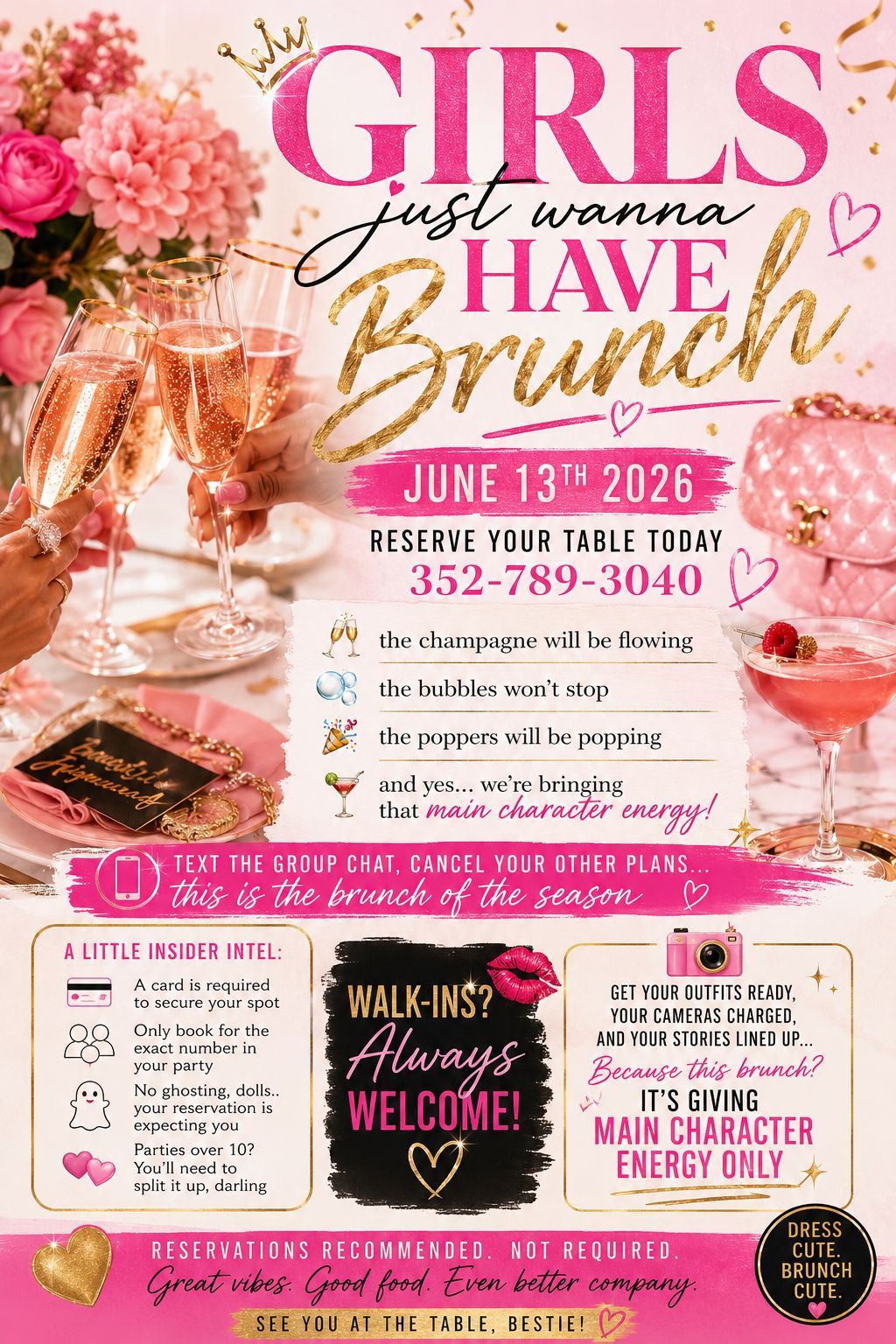 Pink floral brunch flyer reading “Girls just wanna have brunch,” June 13, 2026, with event details and RSVP info