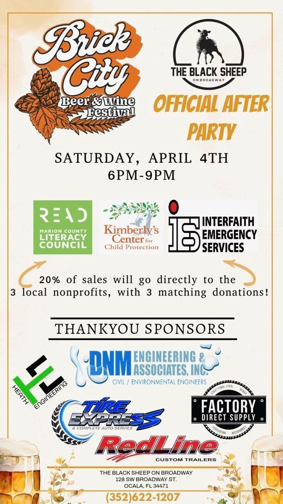 Flyer for the Brick City Beer and Wine Festival after-party on April 4th, 6-9pm at The Black Sheep in Ocala, FL.