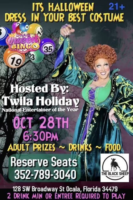 Halloween costume party flyer with Twila Holden, prizes, drinks, food, and Oct. 28 event details