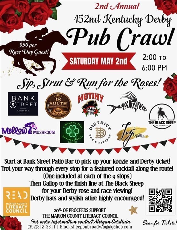 Flyer for the 2nd Annual 152nd Kentucky Derby Pub Crawl, May 2nd, 2:00-6:00 PM, featuring nine stops and event details.