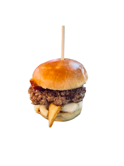 A small hamburger with a toothpick sticking out of it.