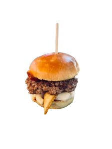 A small hamburger with a toothpick sticking out of it.