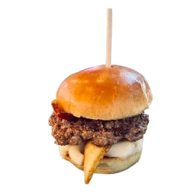 A small hamburger with a toothpick sticking out of it.