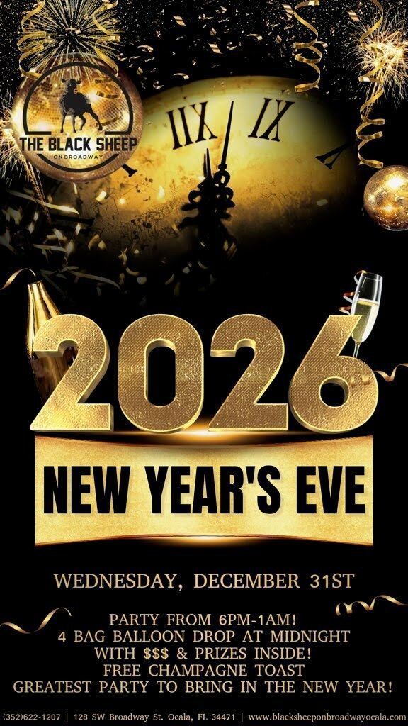 New Year's Eve party flyer for The Black Sheep with gold 2026 and clock background; party details and balloon drop.