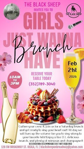 Pink brunch flyer with text Girls Just Wanna Have Brunch, a champagne bottle, waffles, and a mimosa.