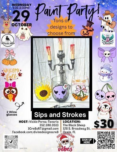 Paint party event with Halloween theme, at The Black Sheep, Ocala, FL, October 29, $30.