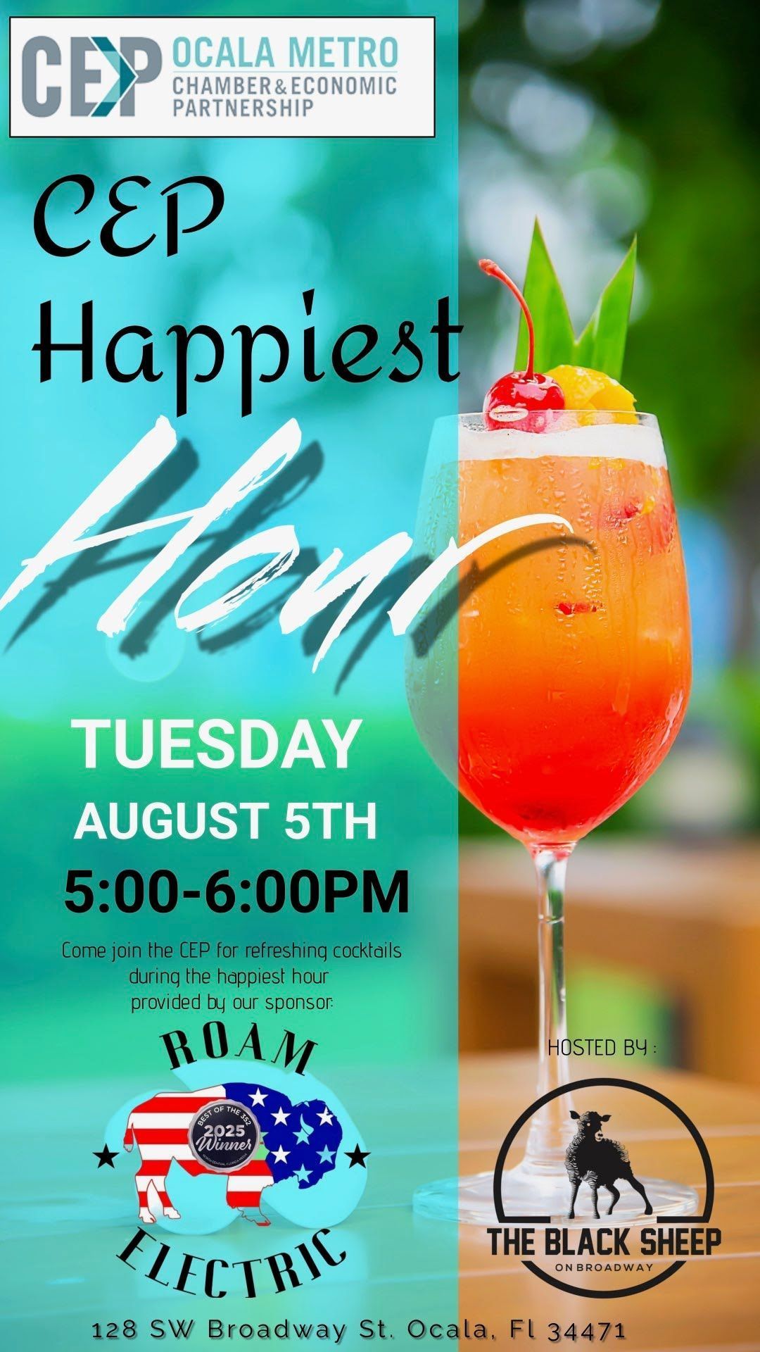 A poster for a Happiest Hour on Tuesday August 5th.