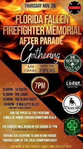 Poster for Florida Fallen Firefighter Memorial gathering on Nov. 20 in downtown Ocala, featuring a parade and bar crawl with bagpipers.
