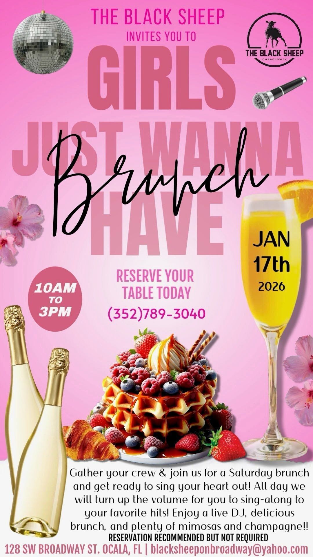 Pink flyer for Girls Just Wanna Brunch at The Black Sheep on January 17, 2025, with waffles, champagne, and a mimosa.